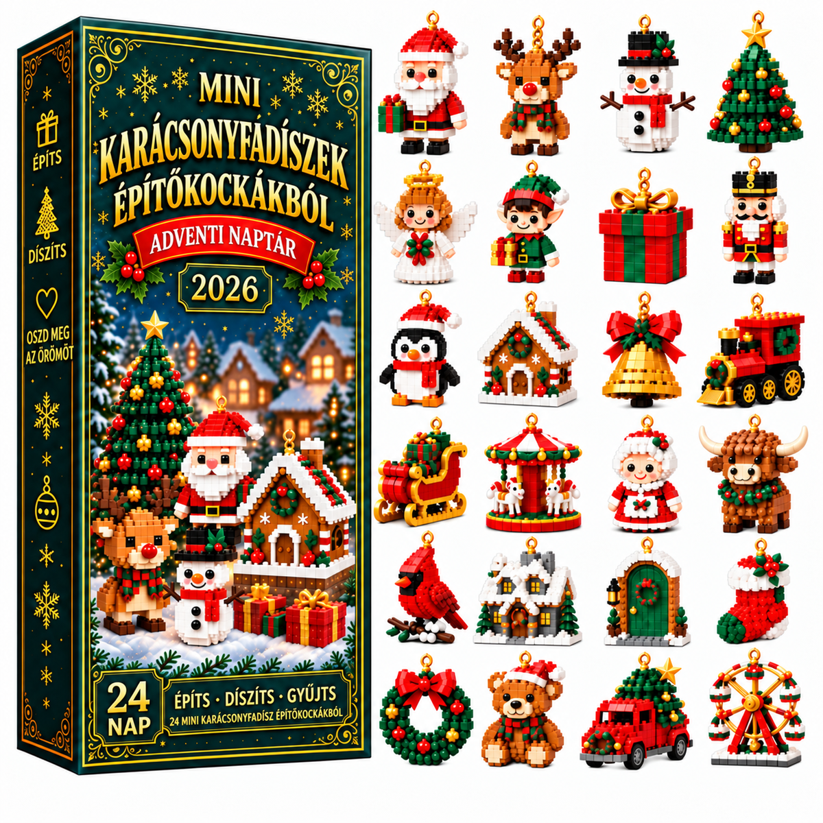 BILLHOL® 🗼 Karácsonyi Adventi Naptár – 24 Napnyi Meglepetés, 24 Mini Építőkocka-Dísz