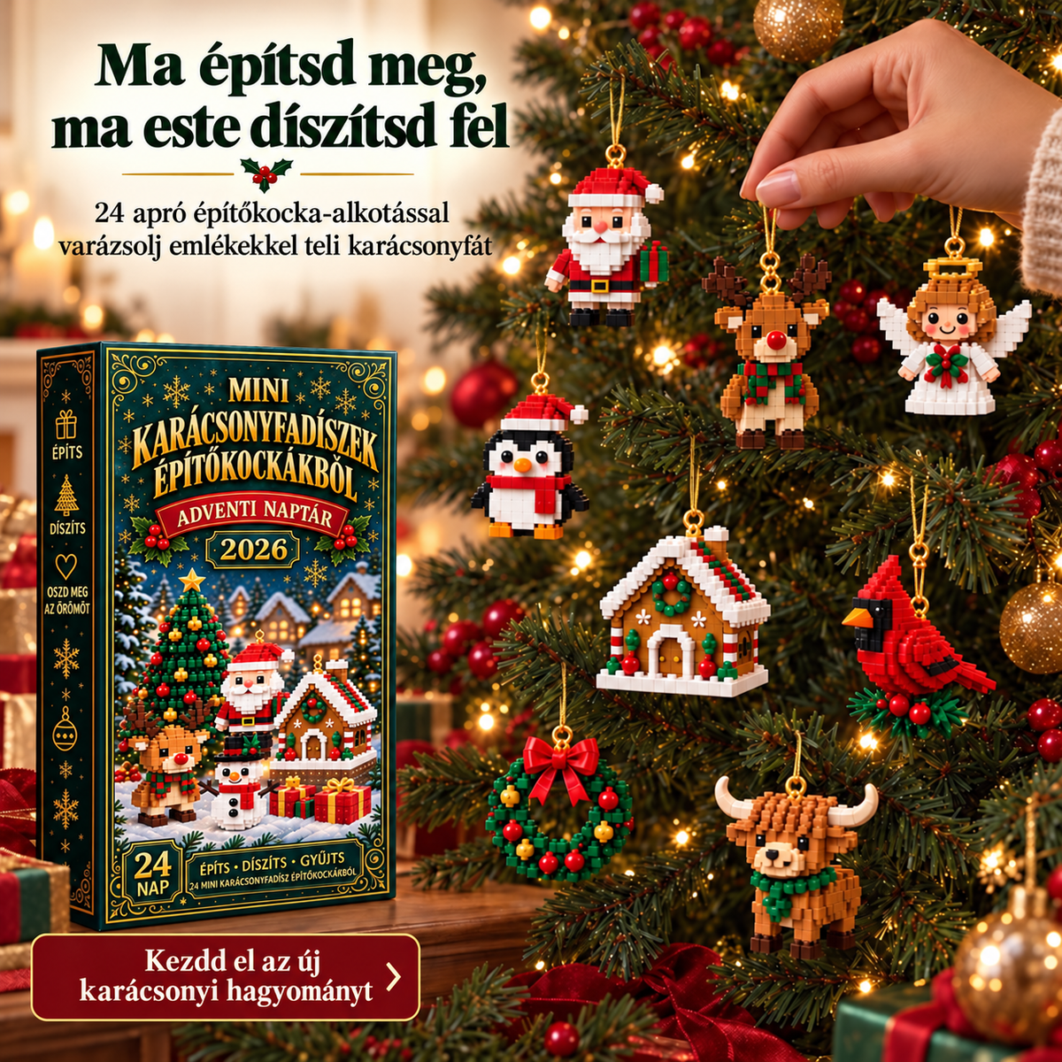 BILLHOL® 🗼 Karácsonyi Adventi Naptár – 24 Napnyi Meglepetés, 24 Mini Építőkocka-Dísz