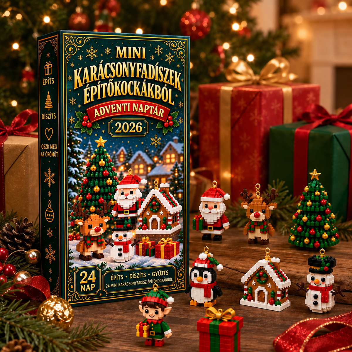 BILLHOL® 🗼 Karácsonyi Adventi Naptár – 24 Napnyi Meglepetés, 24 Mini Építőkocka-Dísz