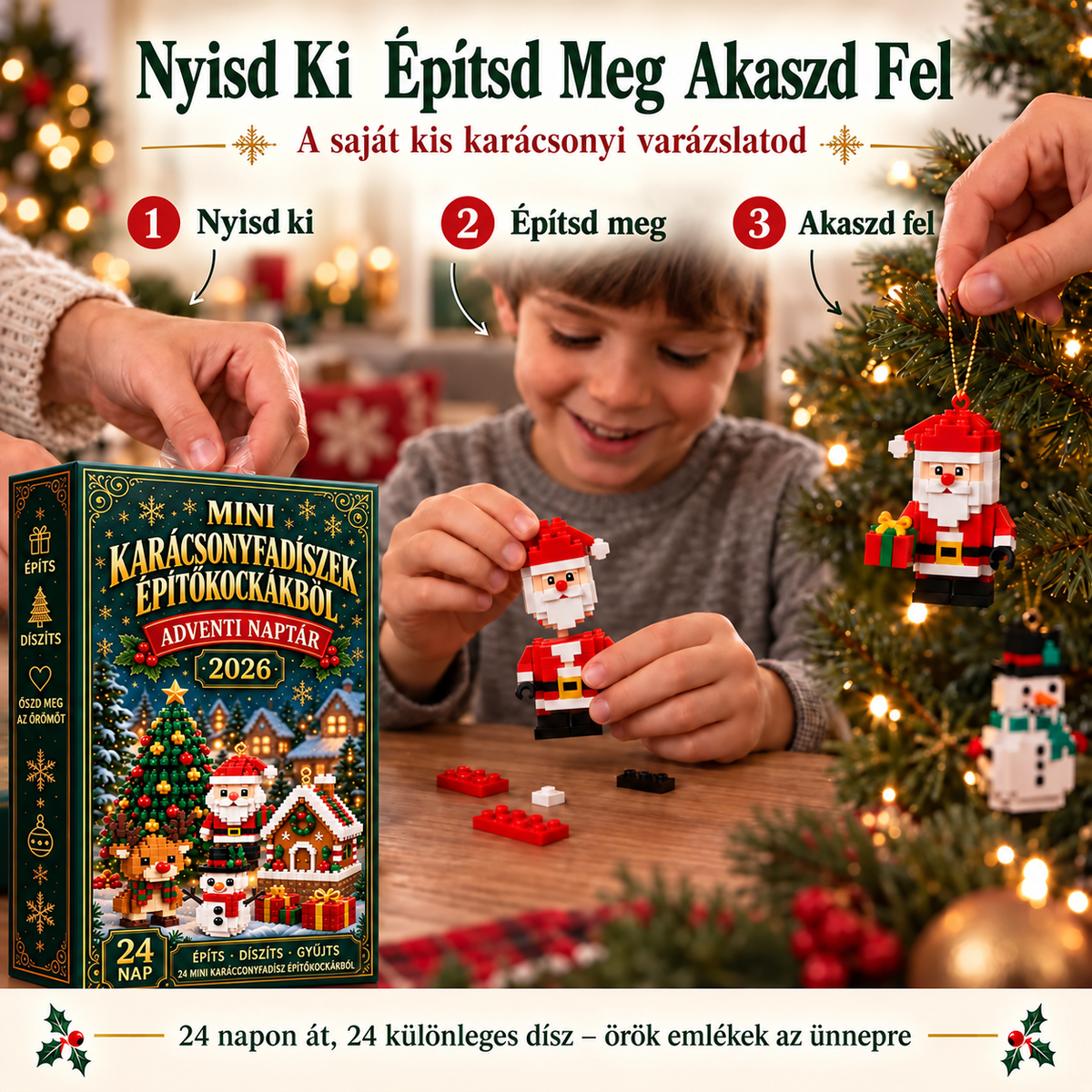 BILLHOL® 🗼 Karácsonyi Adventi Naptár – 24 Napnyi Meglepetés, 24 Mini Építőkocka-Dísz