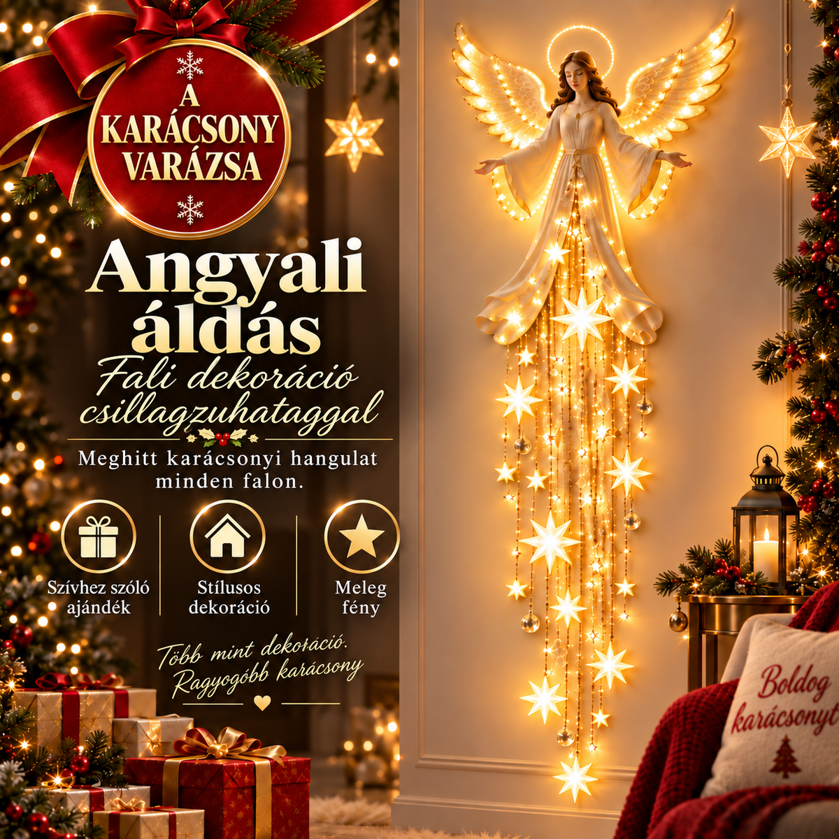 Billhol®👼 Angyali Áldás – Prémium Karácsonyi Fali Fénydekoráció Ragyogó Csillagzuhataggal