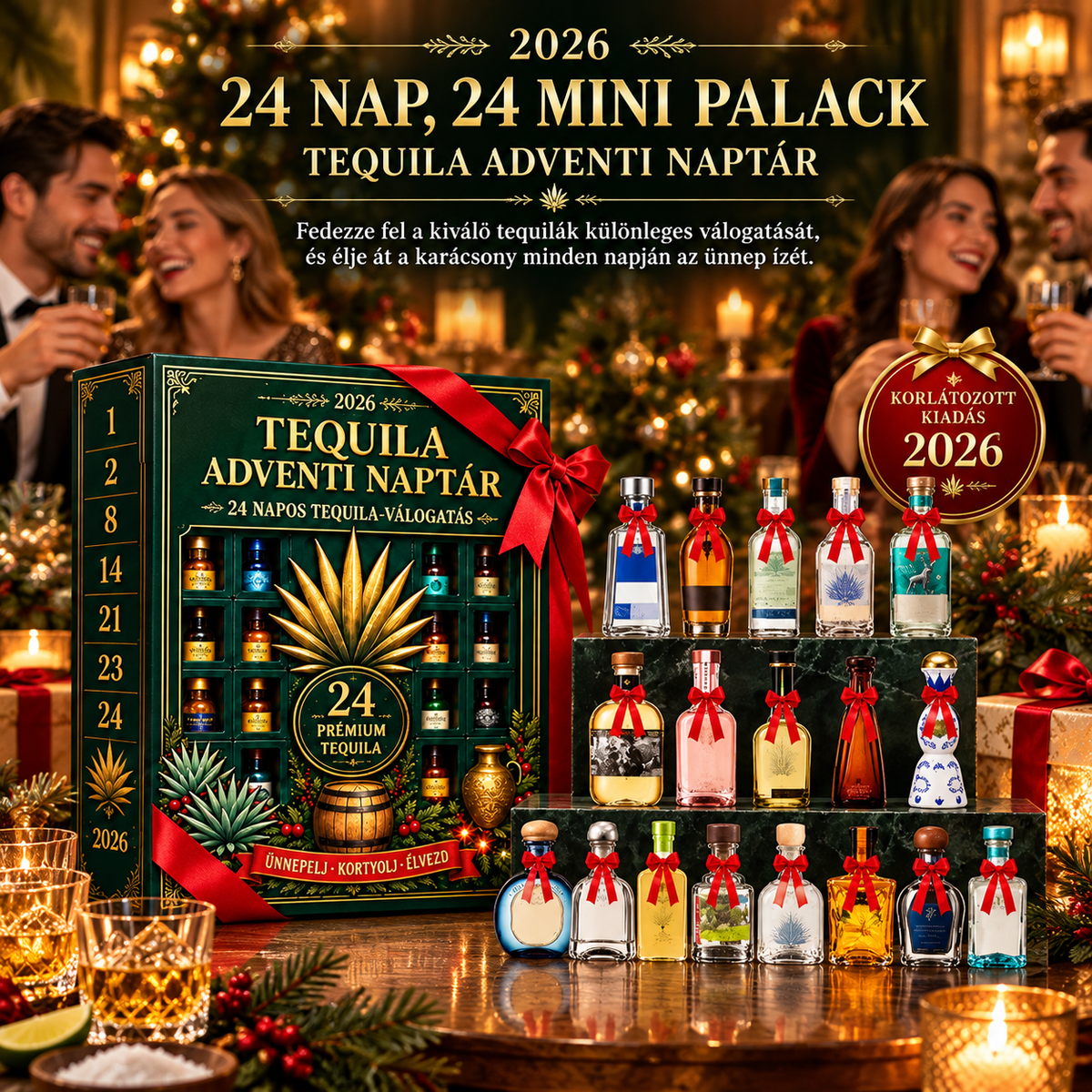 BILLHOL® 🎄Prémium tequila adventi kalendárium – 24 nap, 24 miniüveg, 24 különleges karácsonyi meglepetés! 🥃✨